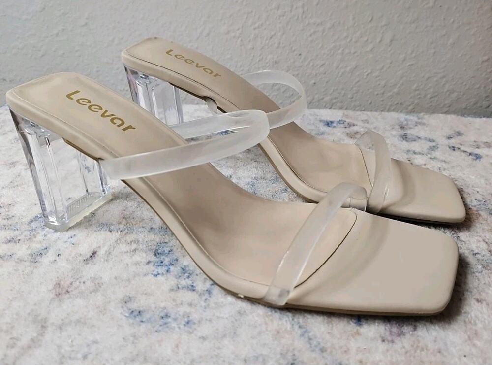 Leevar Cream Leather Square Toe Strappy Heels Women 8.5 Chunky Slip On Formal